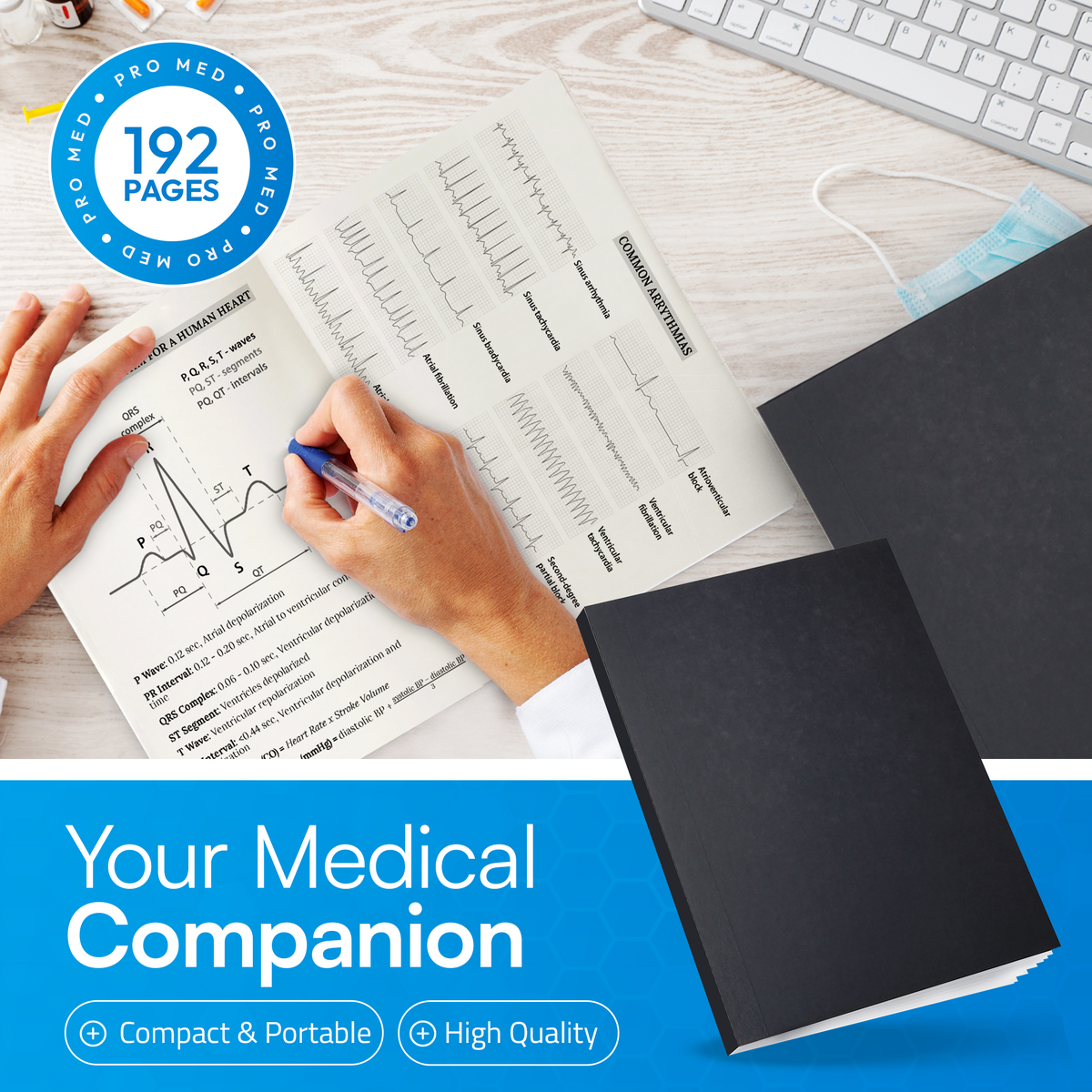 Hand writing in an open notebook on an ECG reference page of common arrhythmias, with a 192 pages badge