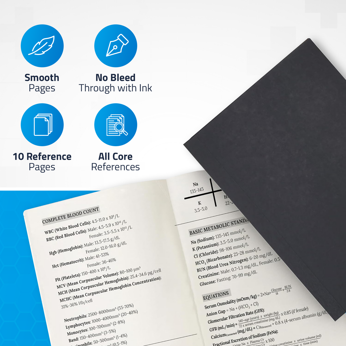 Notebook reference pages showing complete blood count and basic metabolic panel values beside the black cover
