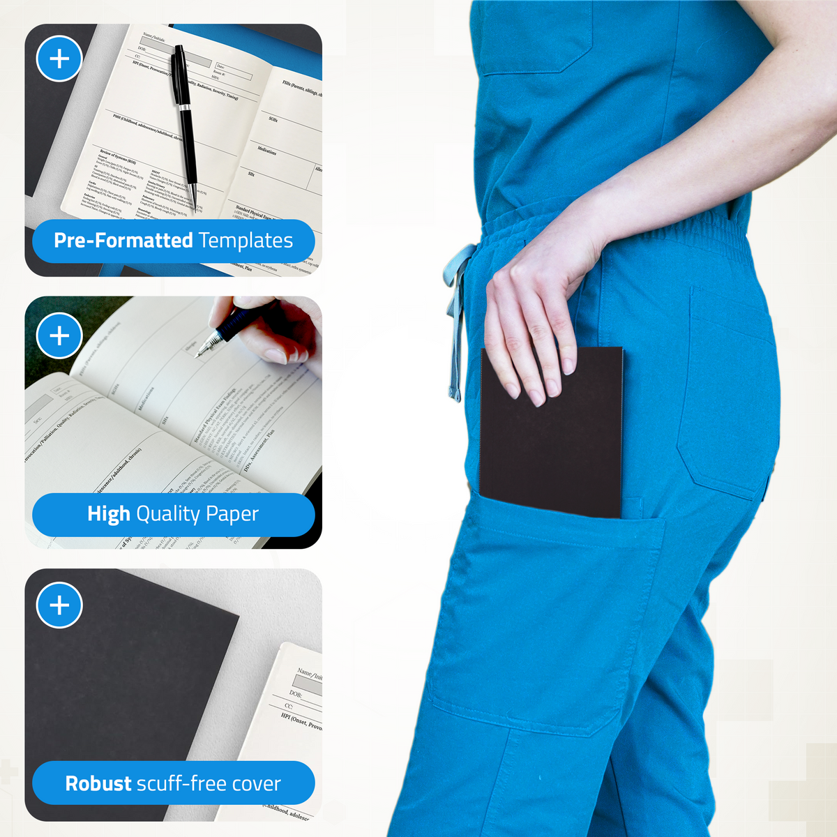 Black pocket H&P notebook held in a scrub pants pocket, with close-ups of templates, paper, and scuff-free cover