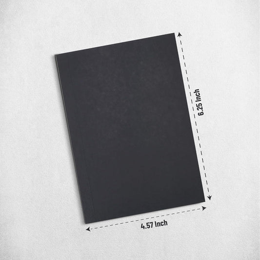 Black H&P notebook cover with dimensions marked 6.25 inches by 4.57 inches