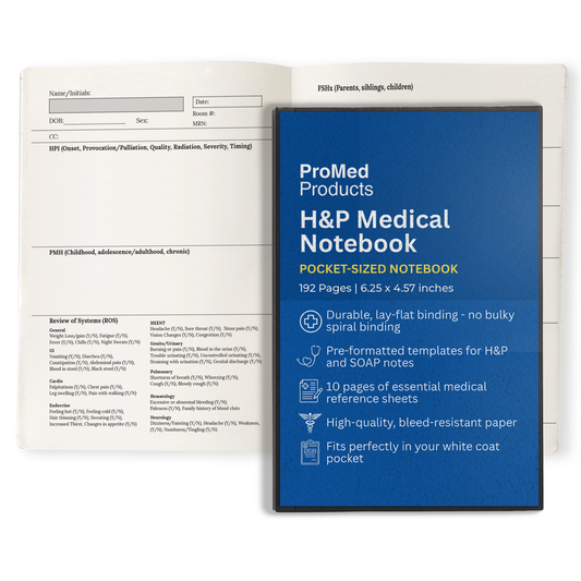 ProMed H&P Medical Notebook, 192 pages, 6.25 x 4.57 inches, shown closed beside an open history and physical template